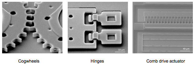 Polysilicon MEMS surface machined devices: cogwheels, hinges and comb drive actuator